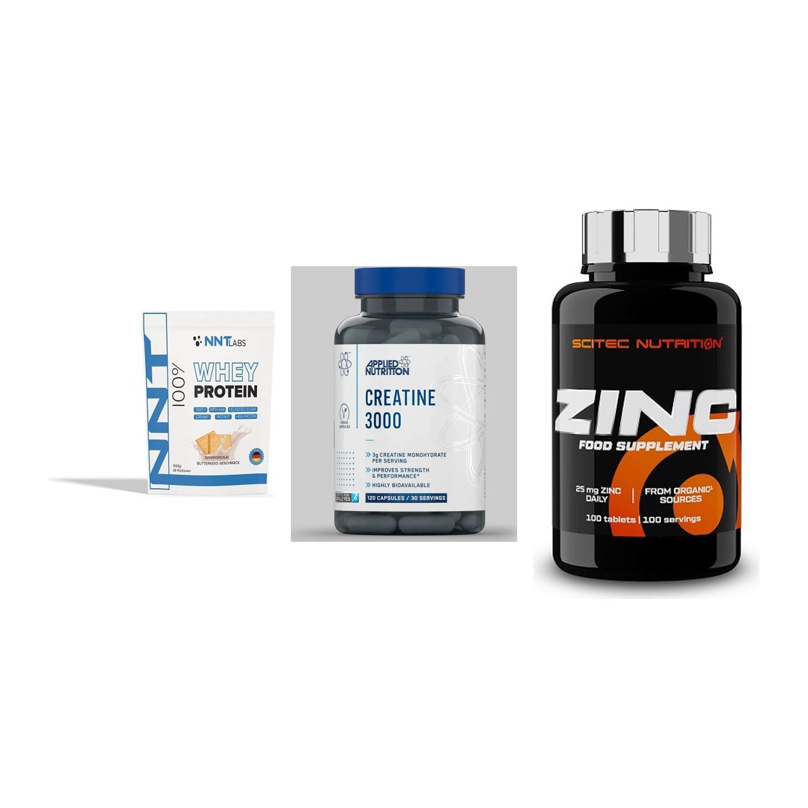 Einsteiger-Set: NNT Whey + Applied Nutritio + Scitec Zinc – alle enthaltenen Artikel