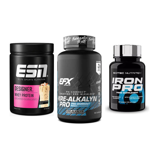 Einsteiger-Set: ESN Designer + EFX Kre-Alkalyn + Scitec Iron Pro – alle enthaltenen Artikel
