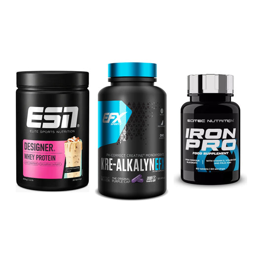 Einsteiger-Set: ESN Designer Whey + EFX Kre-Alkalyn + Scitec Iron Pro – alle enthaltenen Artikel