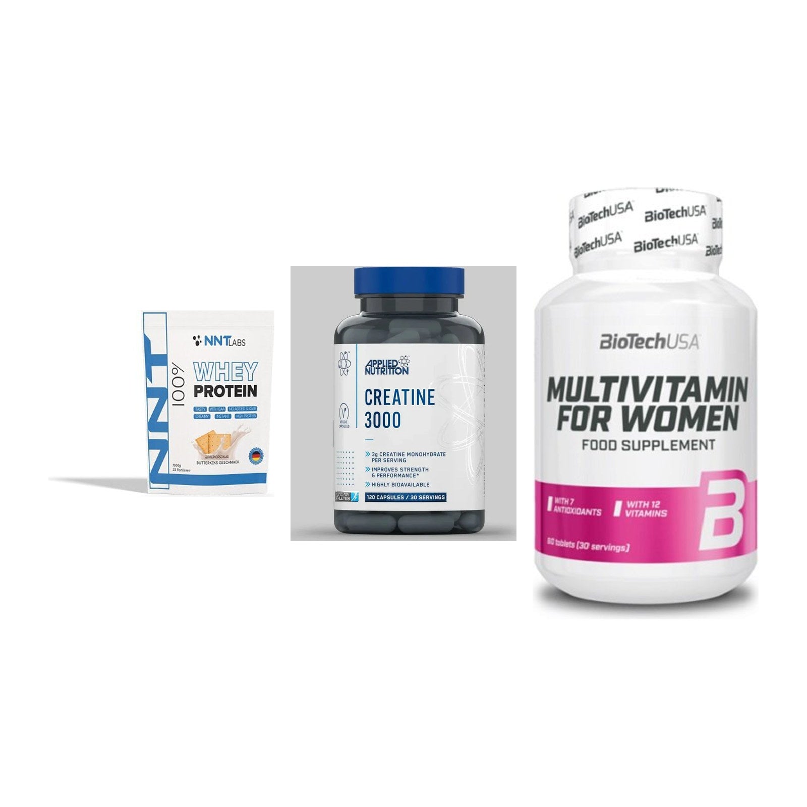 Einsteiger-Set: NNT Whey + Applied Nutritio + BioTech Multivit – alle enthaltenen Artikel