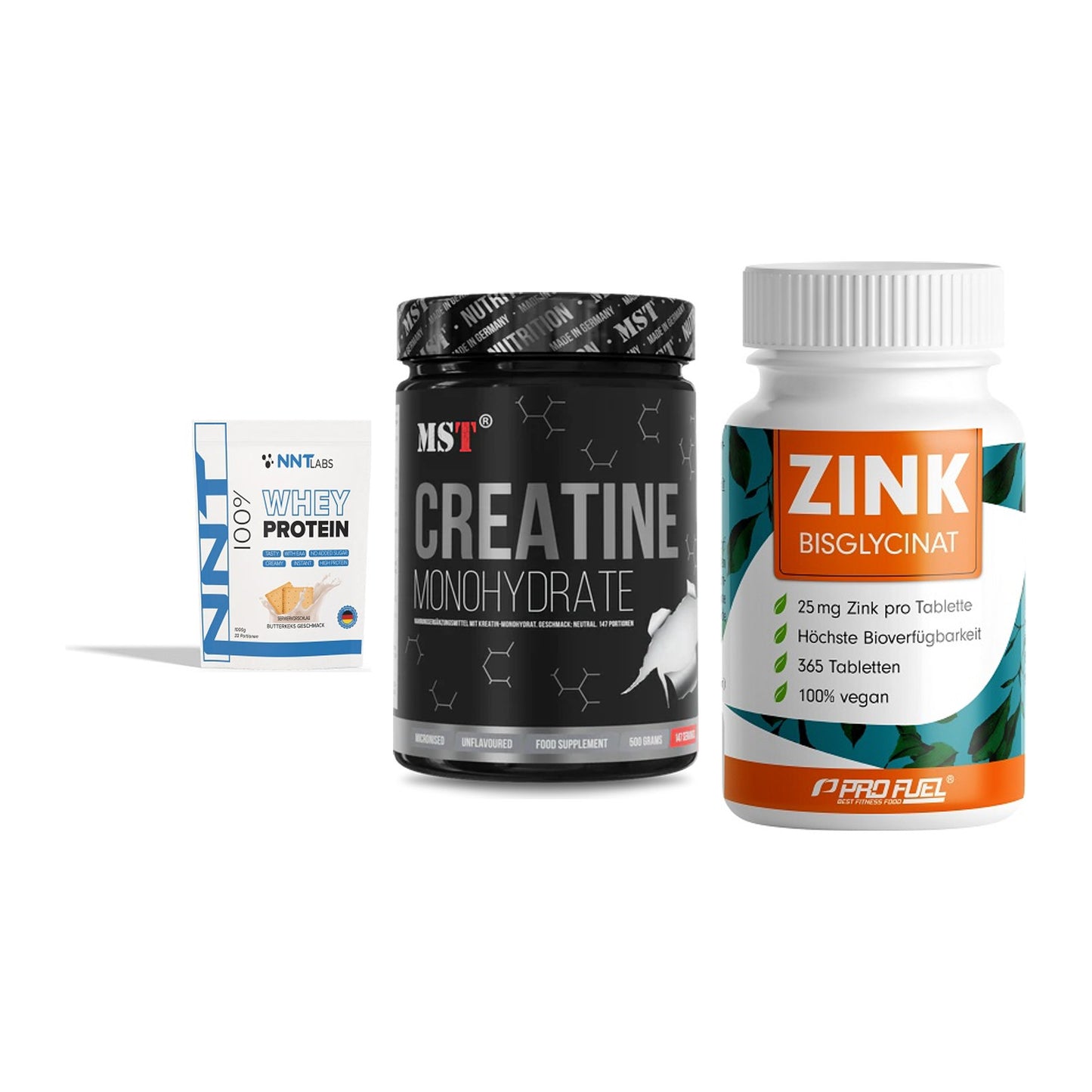 Einsteiger-Set: NNT Whey + MST Creatin + ProFuel Zink – alle enthaltenen Artikel