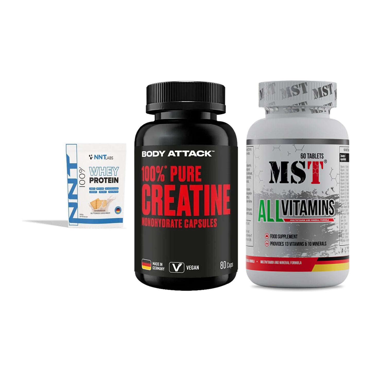 Einsteiger-Set: NNT Whey + Body Attack 100% + MST All Vitamins – alle enthaltenen Artikel