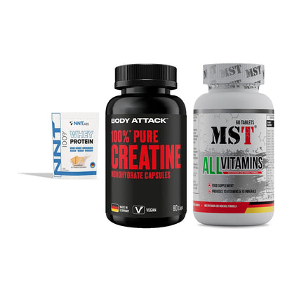Einsteiger-Set: NNT Whey + Body Attack 100% + MST All Vitamins – alle enthaltenen Artikel