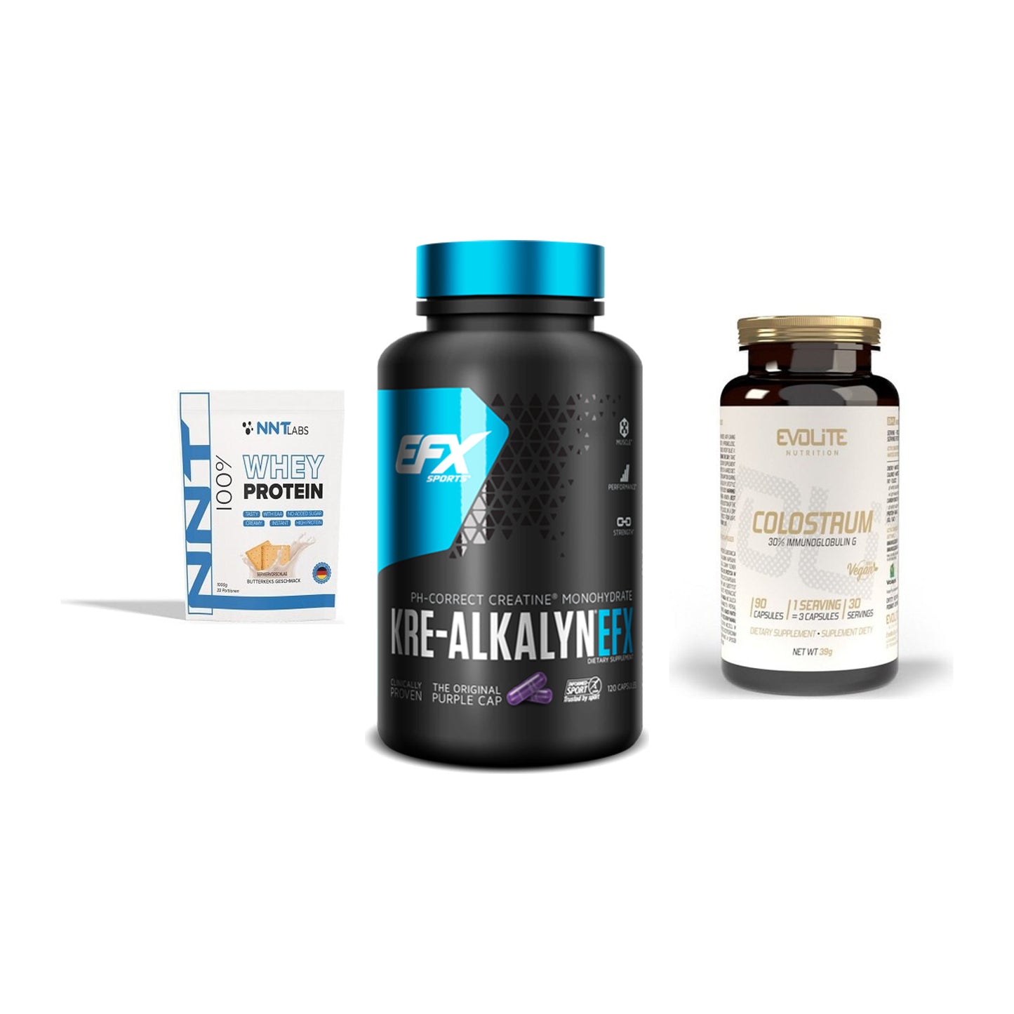 Einsteiger-Set: NNT Whey + EFX Kre-Alkalyn + Evolite Nutritio – alle enthaltenen Artikel