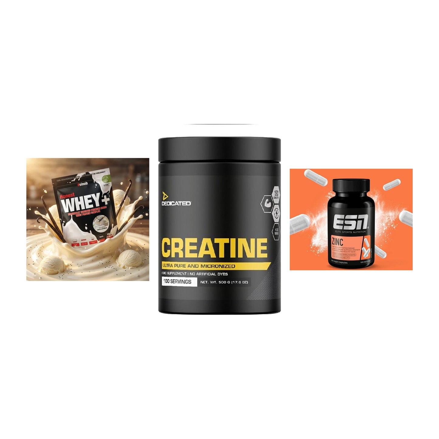 Einsteiger-Set: Sinob Honest Whey+ + Dedicated Creatine + ESN Zinc – alle enthaltenen Artikel