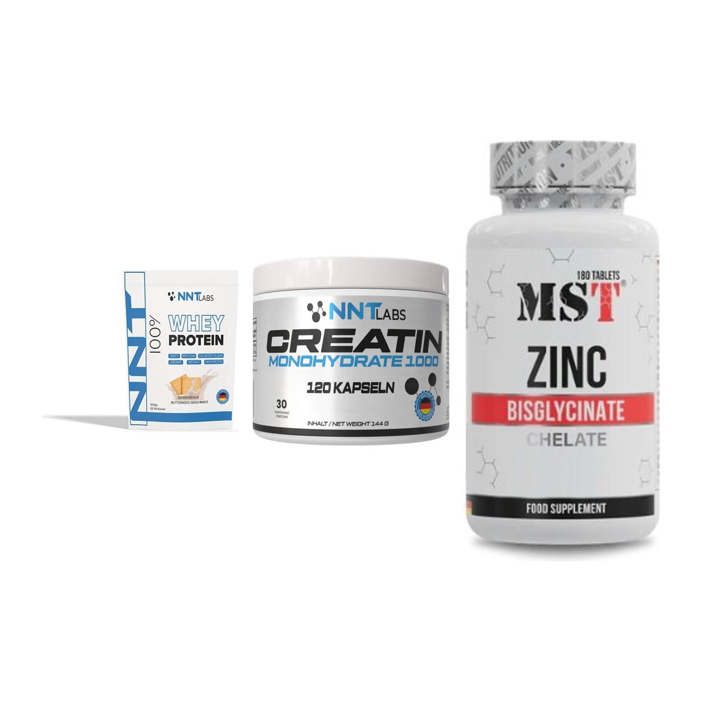 Einsteiger-Set: NNT Whey + NNT Creatin 1000 + MST Zinc Chelate – alle enthaltenen Artikel