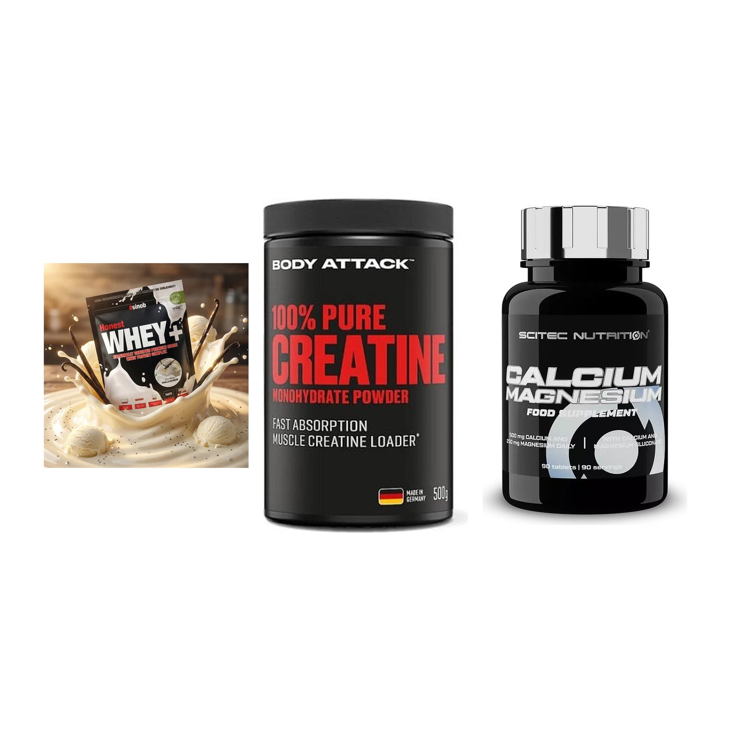 Einsteiger-Set: Sinob Honest + Body Attack 100% + Scitec Calcium – alle enthaltenen Artikel