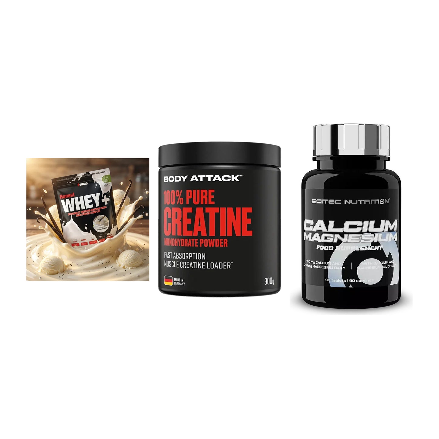 Einsteiger-Set: Sinob Honest + Body Attack 100% + Scitec Calcium – alle enthaltenen Artikel