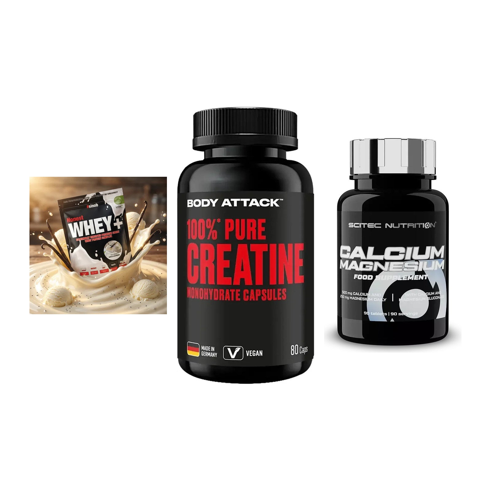 Einsteiger-Set: Sinob Honest + Body Attack 100% + Scitec Calcium – alle enthaltenen Artikel