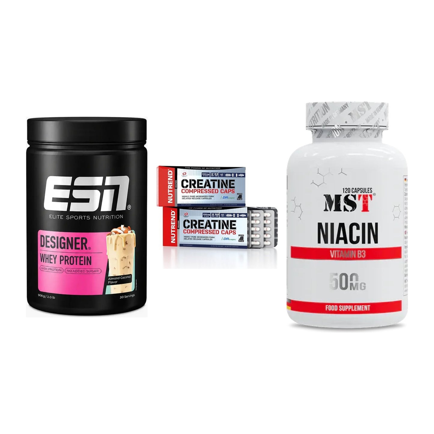 Einsteiger-Set: ESN Designer + Nutrend Creatine + MST Niacin – alle enthaltenen Artikel