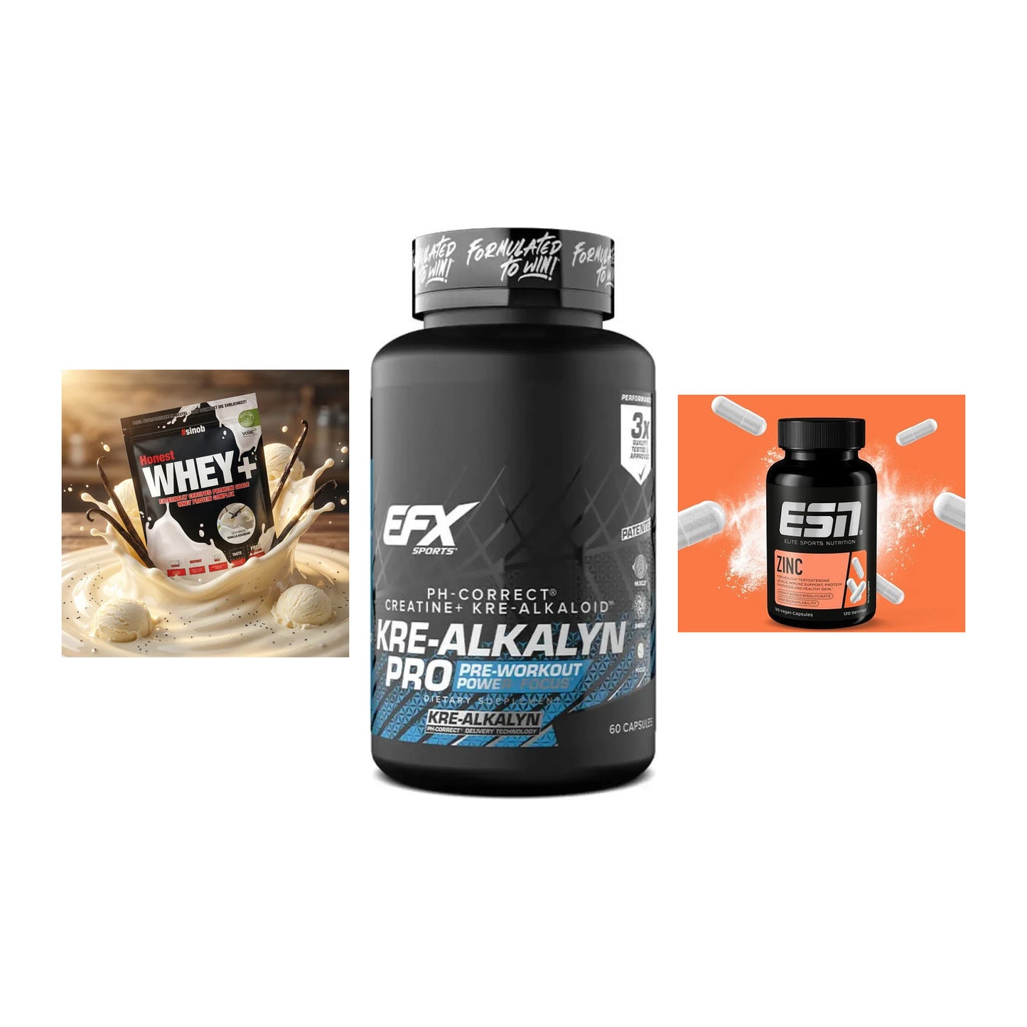 Einsteiger-Set: Sinob Honest Whey+ + EFX Kre-Alkalyn PRO + ESN Zinc – alle enthaltenen Artikel