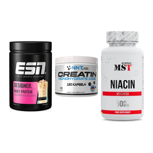 Einsteiger-Set: ESN Designer Whey + NNT Creatin 1000 mg + MST Niacin – alle enthaltenen Artikel