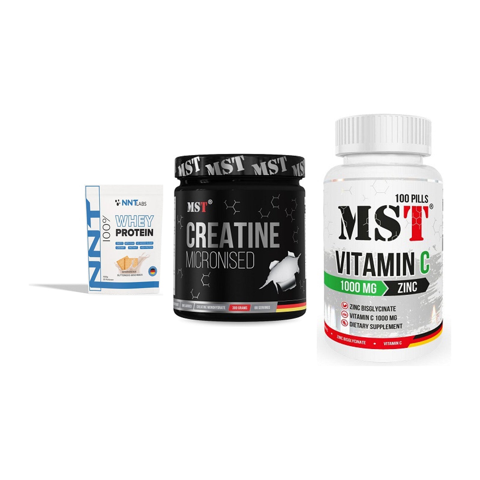 Einsteiger-Set: NNT Whey + MST Creatin + MST Vitamin C – alle enthaltenen Artikel