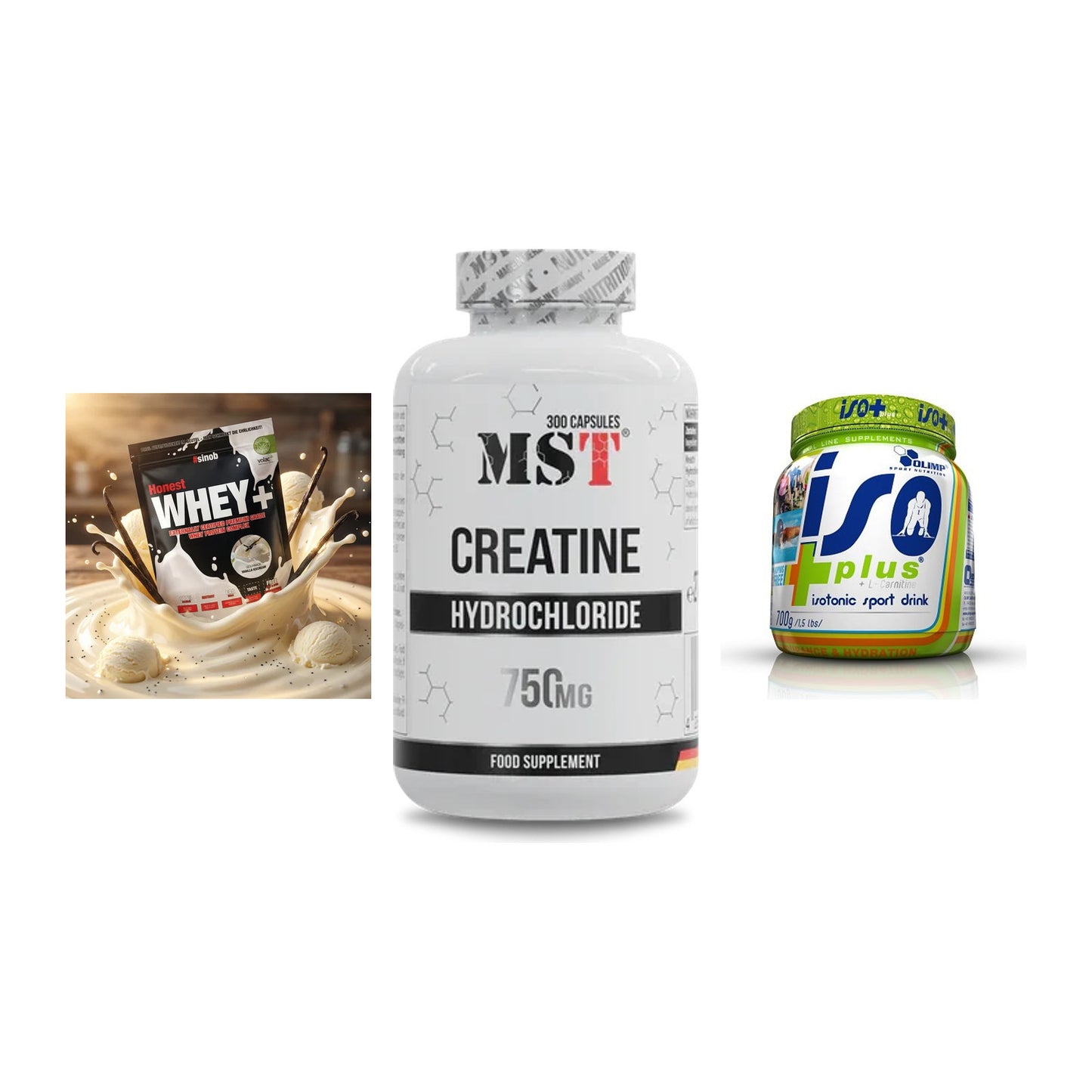 Einsteiger-Set: Sinob Honest Whey+ + MST Creatine HCL + Olimp Iso Plus – alle enthaltenen Artikel