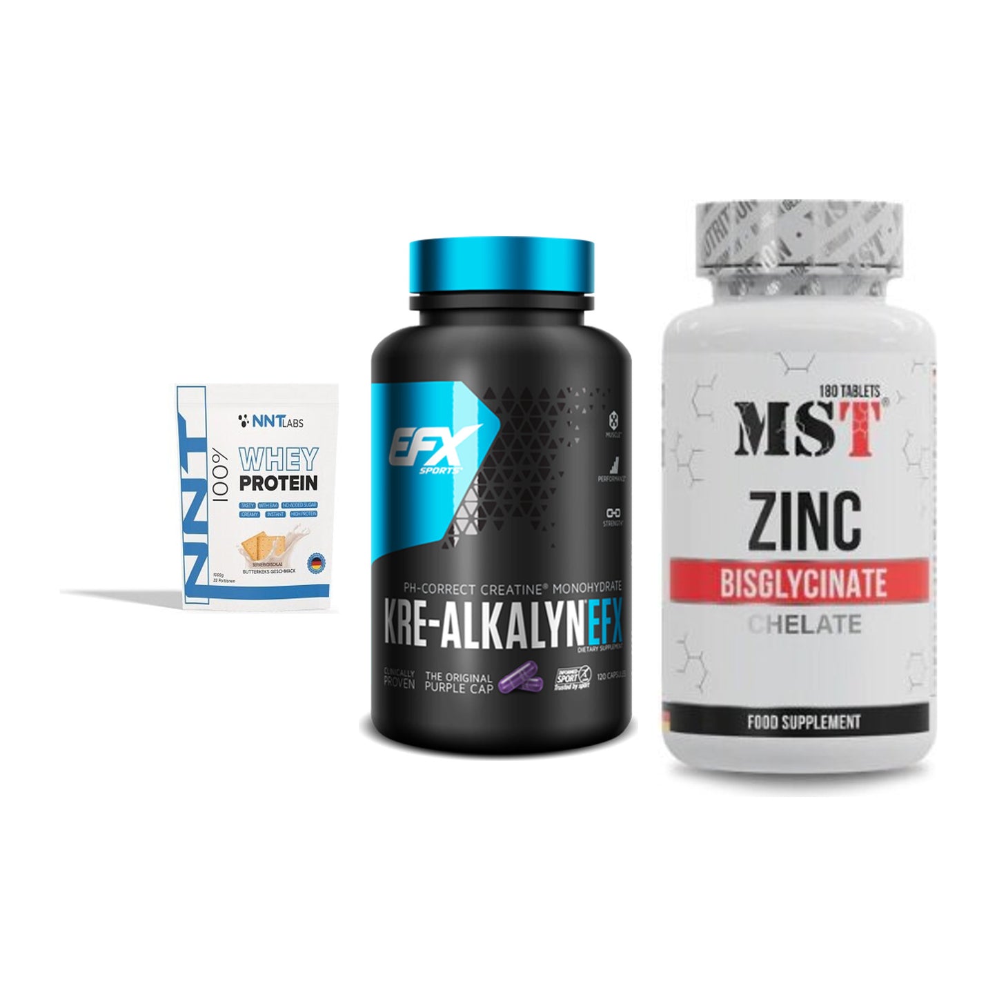 Einsteiger-Set: NNT Whey + EFX Kre-Alkalyn + MST Zinc Chelate – alle enthaltenen Artikel