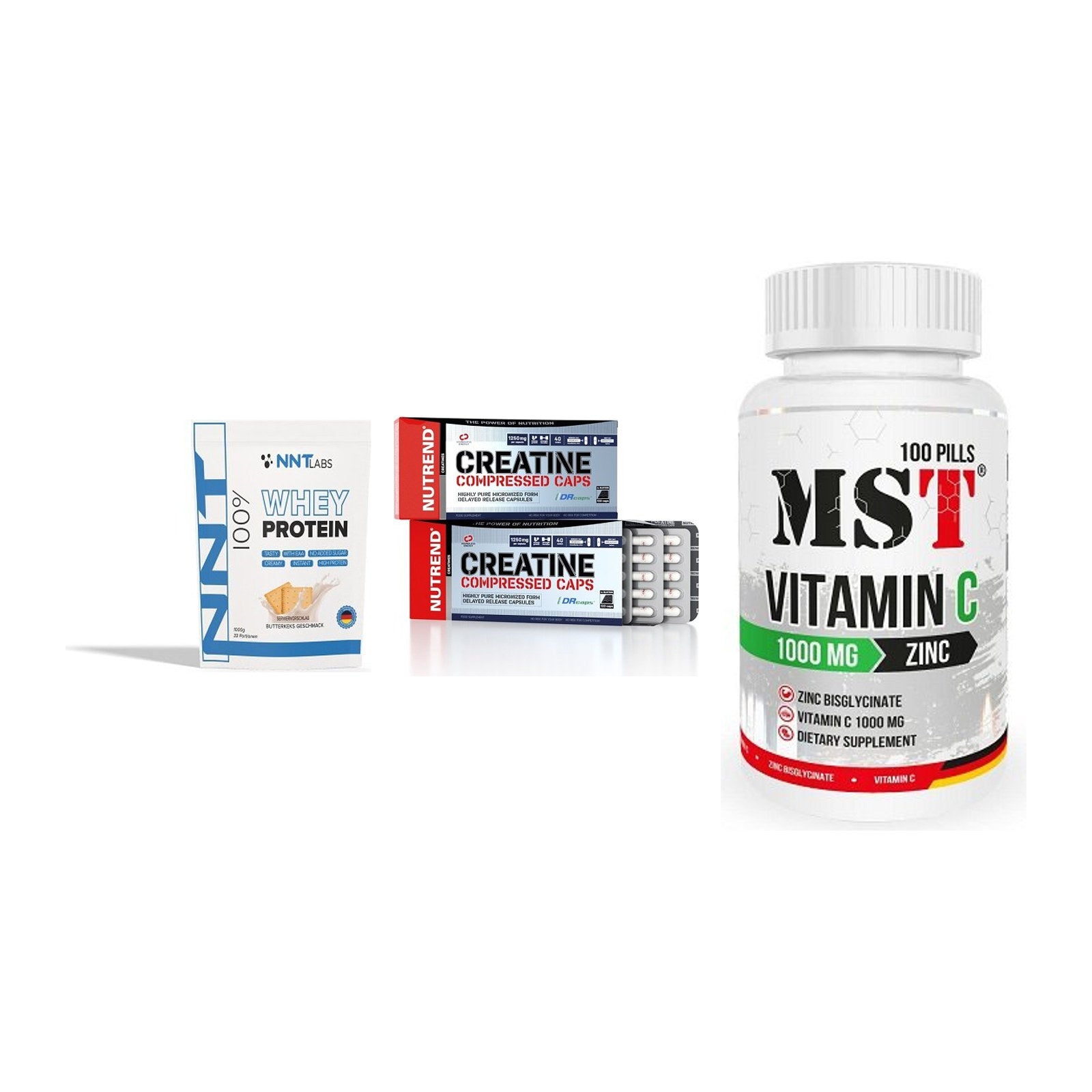 Einsteiger-Set: NNT Whey + Nutrend Creatine + MST Vitamin C – alle enthaltenen Artikel