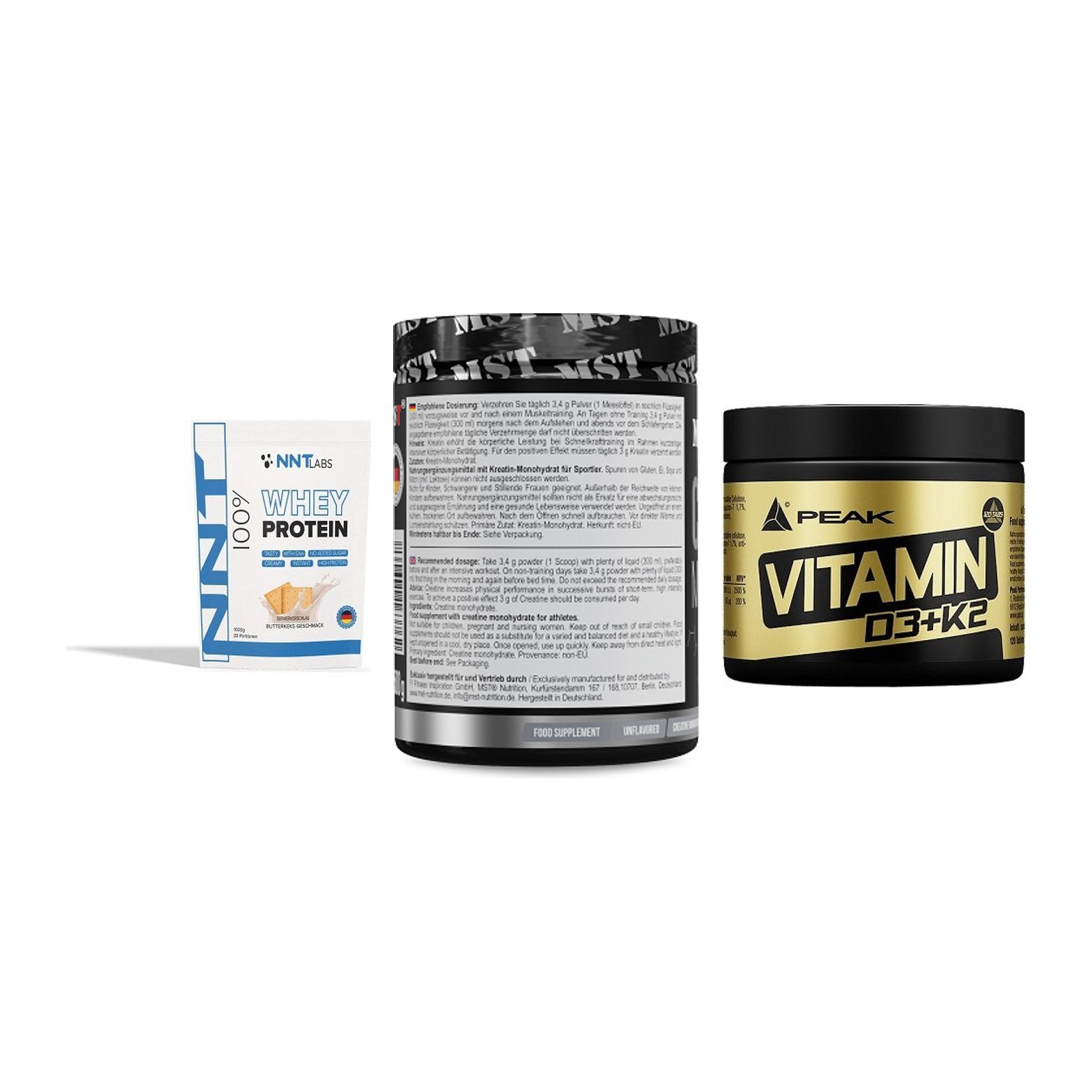 Einsteiger-Set: NNT Whey + MST Creatin + Peak Vitamin – alle enthaltenen Artikel
