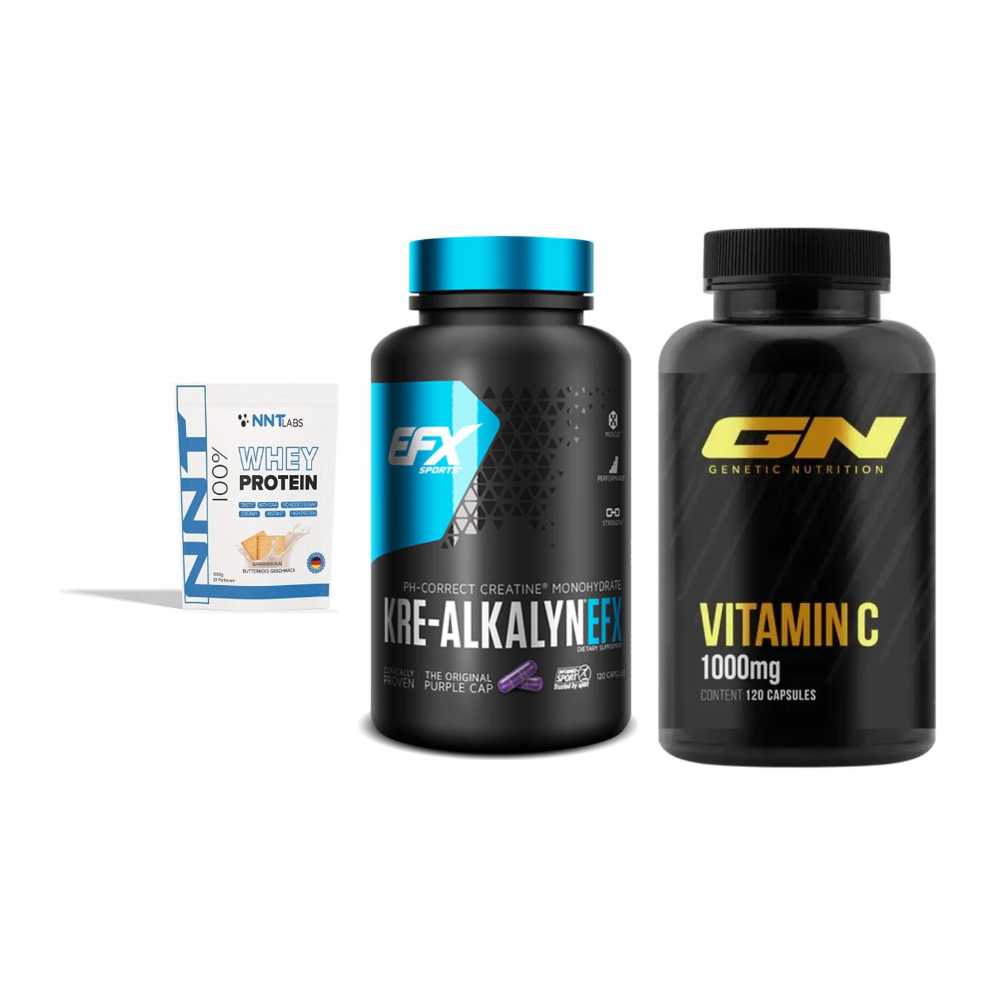 Einsteiger-Set: NNT Whey + EFX Kre-Alkalyn + GN Vitamin C Health Line – alle enthaltenen Artikel
