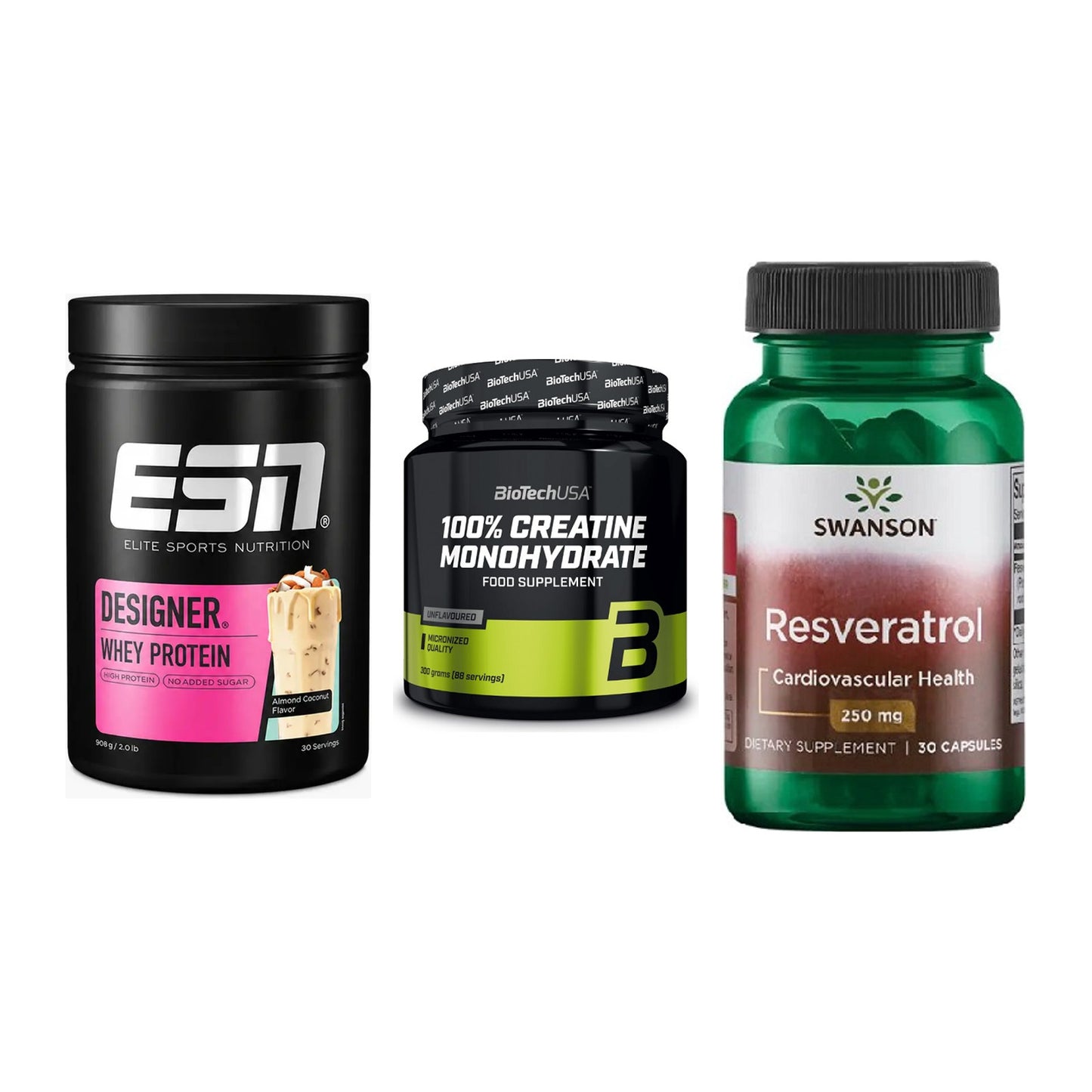 Einsteiger-Set: ESN Designer + BioTech Creatine + Swanson Resverat – alle enthaltenen Artikel