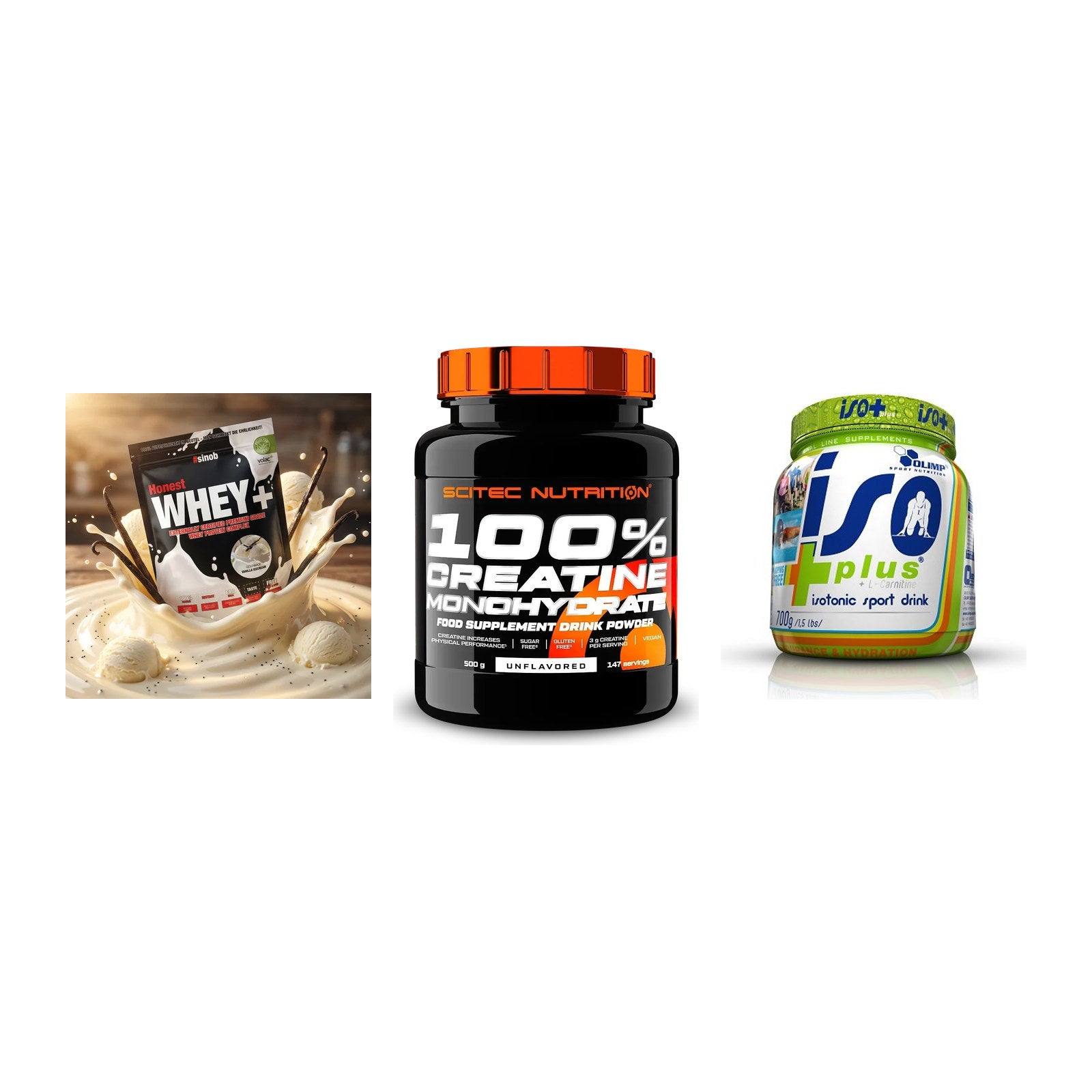Einsteiger-Set: Sinob Honest + Scitec Creatine + Olimp Iso Plus – alle enthaltenen Artikel