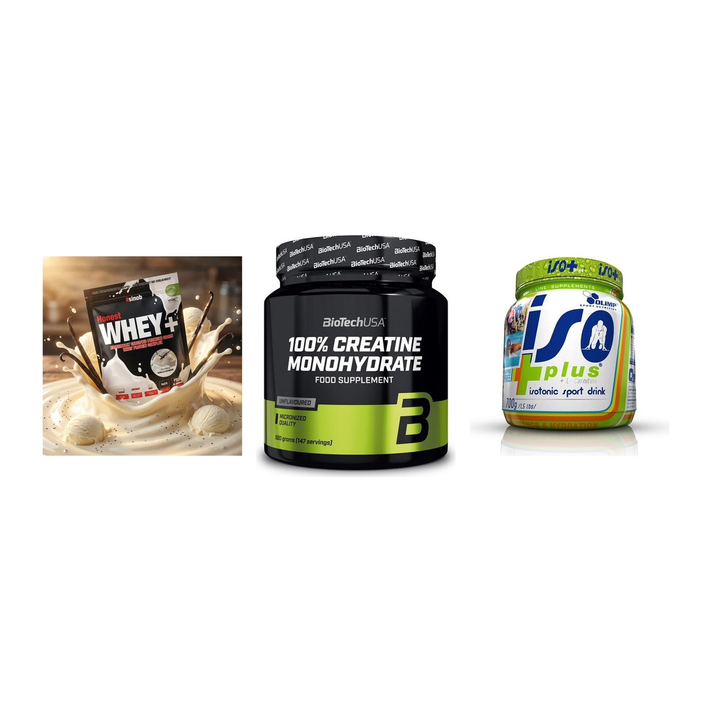 Einsteiger-Set: Sinob Honest + BioTech Creatine + Olimp Iso Plus – alle enthaltenen Artikel