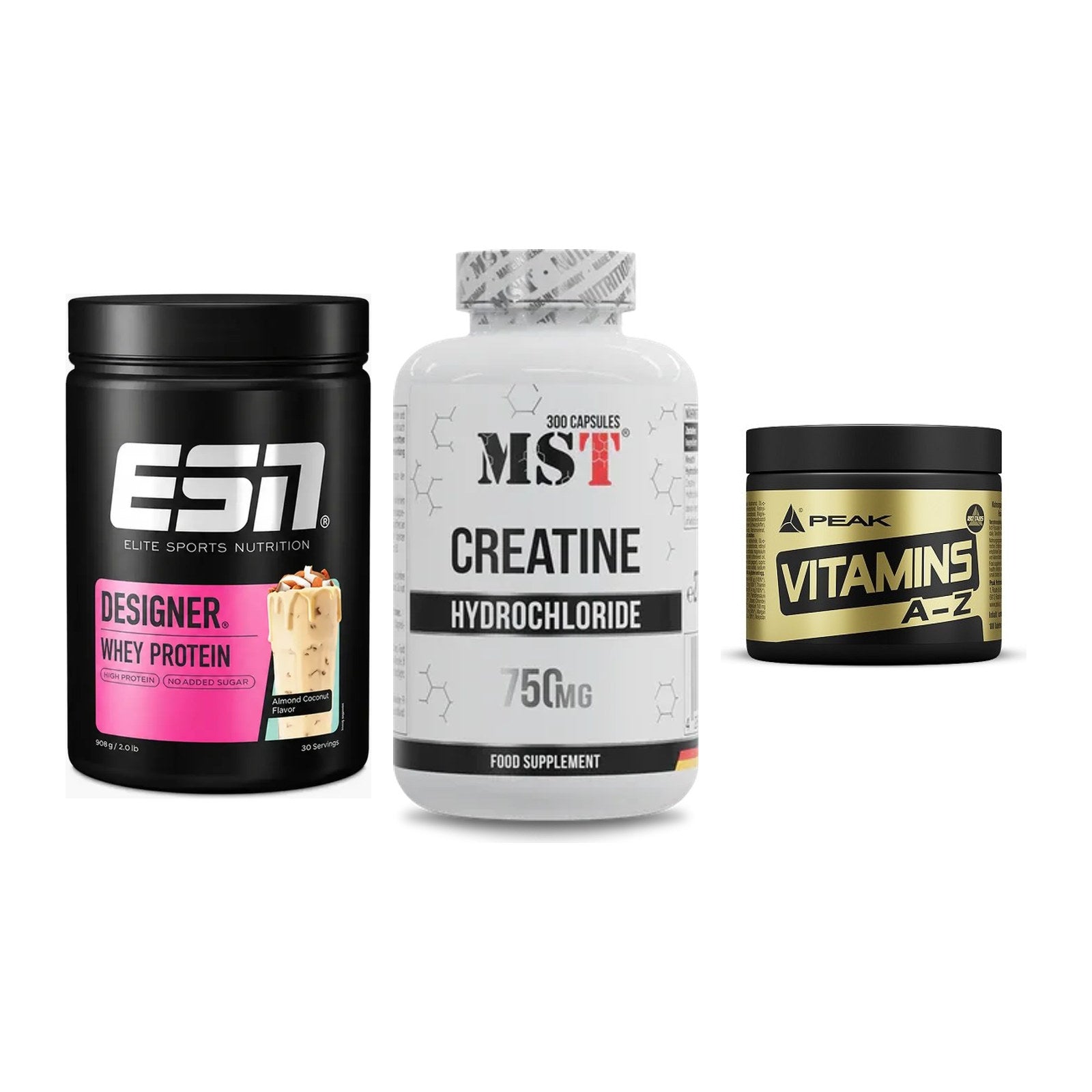 Einsteiger-Set: ESN Designer + MST Creatine HCL + Peak Vitamin A-Z – alle enthaltenen Artikel