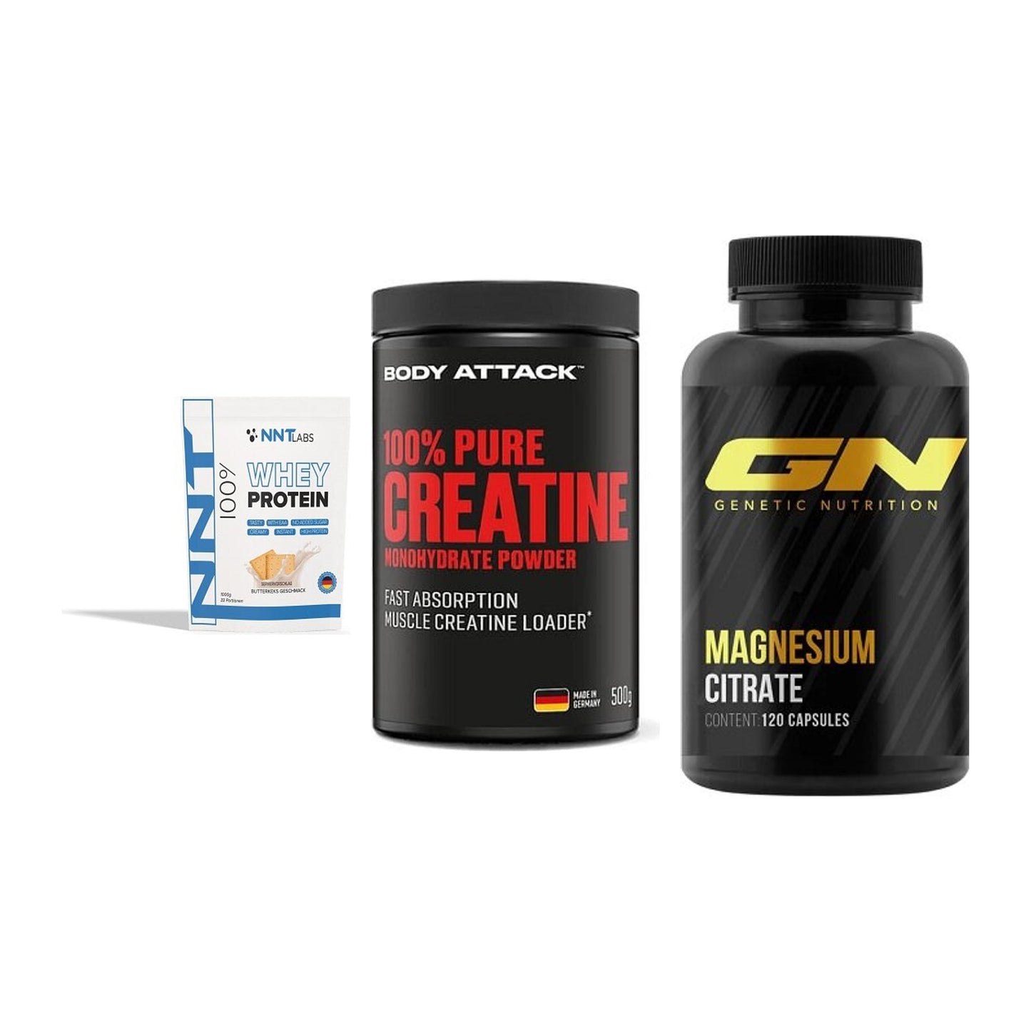 Einsteiger-Set: NNT Whey + Body Attack 100% + GN Magnesium – alle enthaltenen Artikel