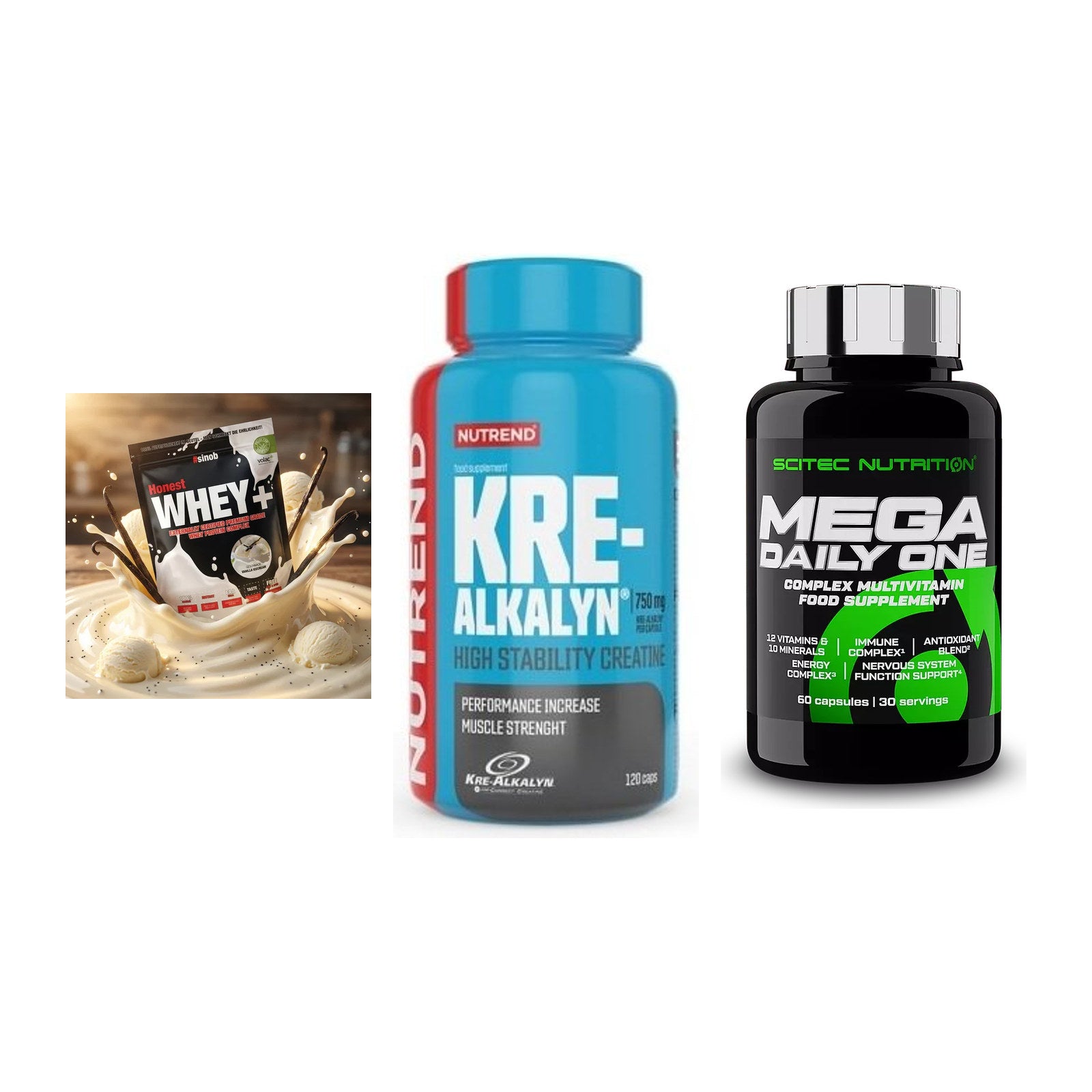Einsteiger-Set: Sinob Honest + Nutrend Kre-Alka + Scitec Mega – alle enthaltenen Artikel