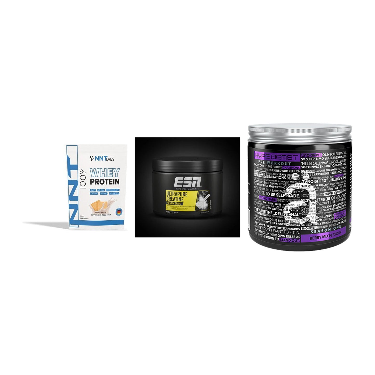 Einsteiger-Set: NNT Whey + ESN Ultrapure + Nanosupps Hype – alle enthaltenen Artikel