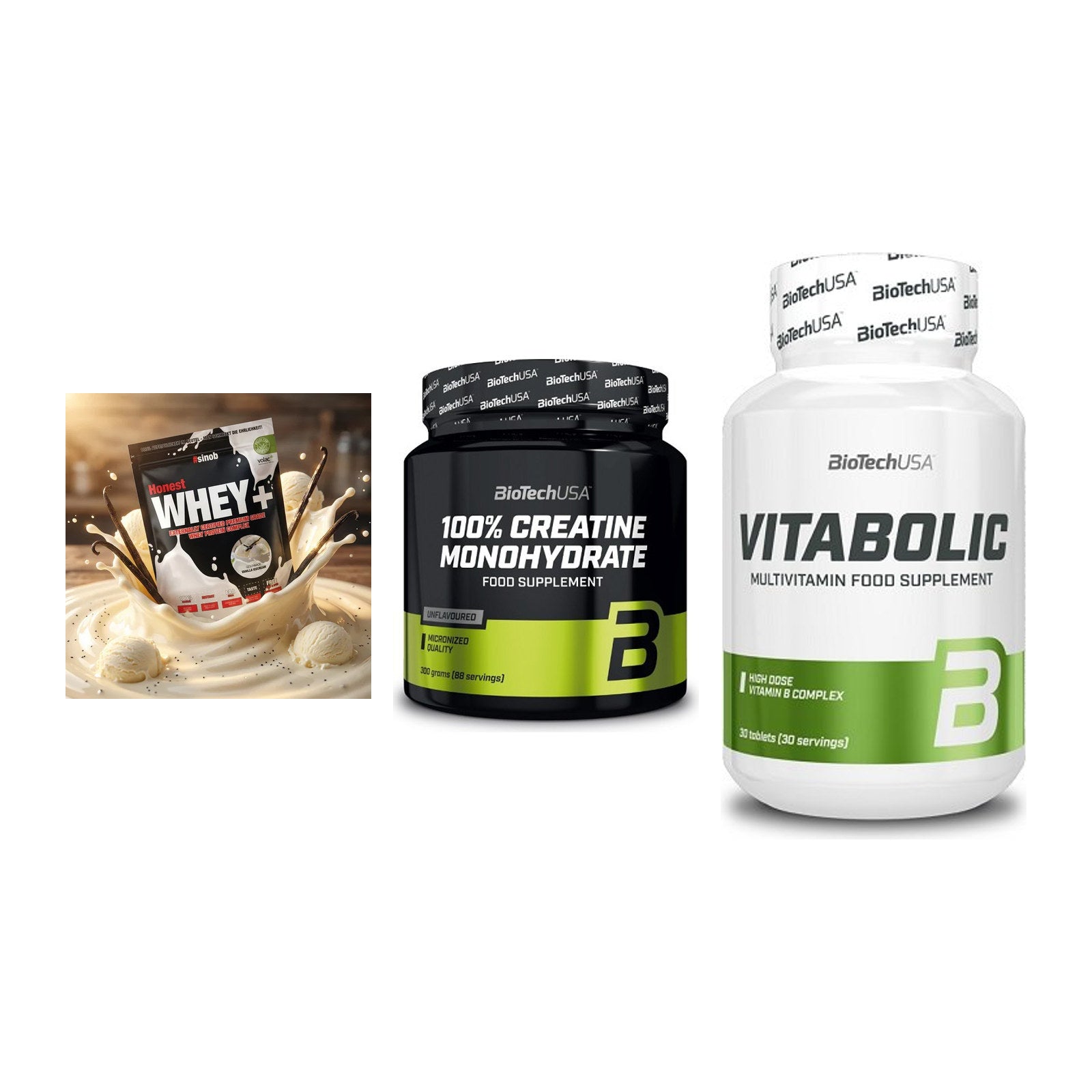 Einsteiger-Set: Sinob Honest + BioTech Creatine + BioTech Vitaboli – alle enthaltenen Artikel
