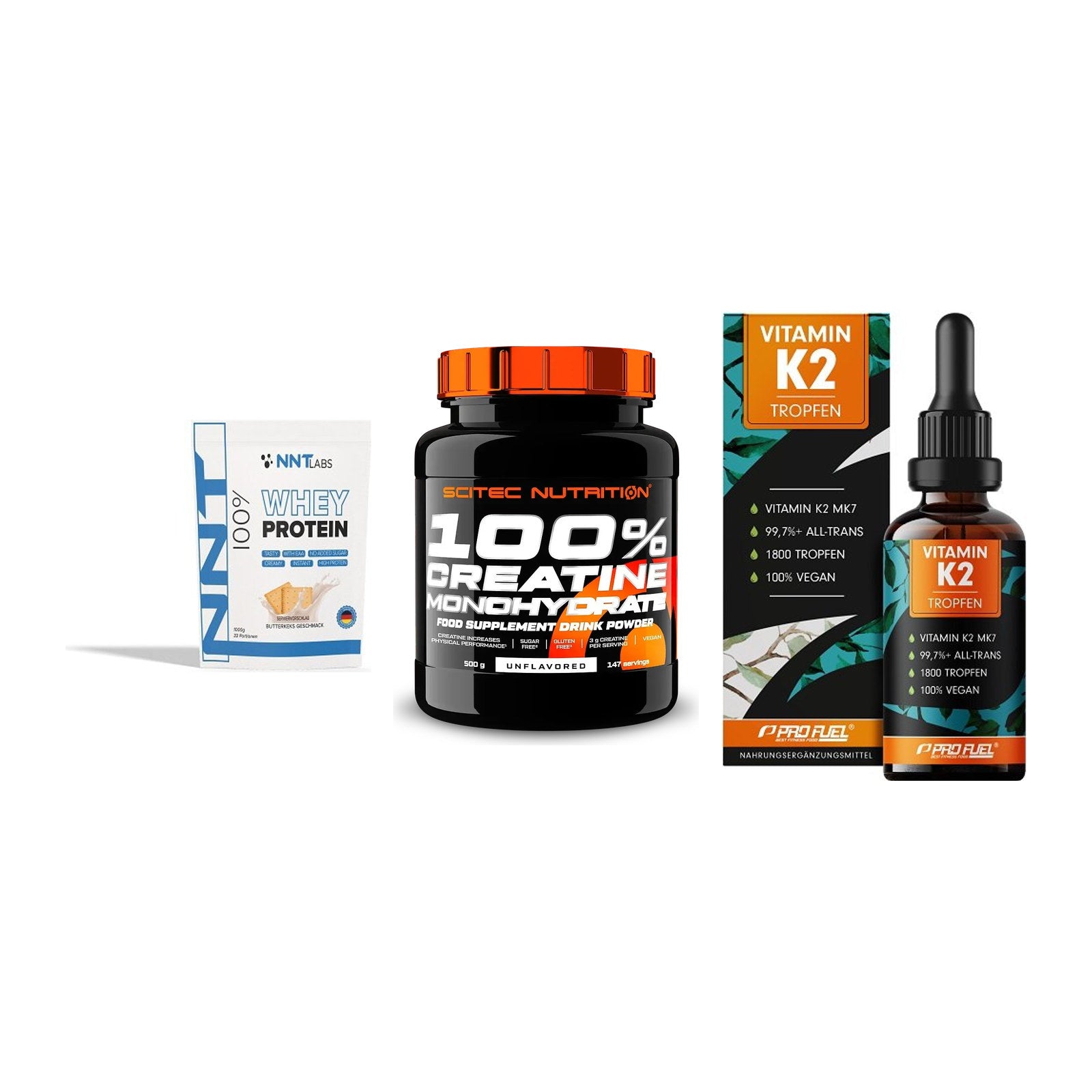 Einsteiger-Set: NNT Whey + Scitec Creatine + ProFuel Vitamin – alle enthaltenen Artikel