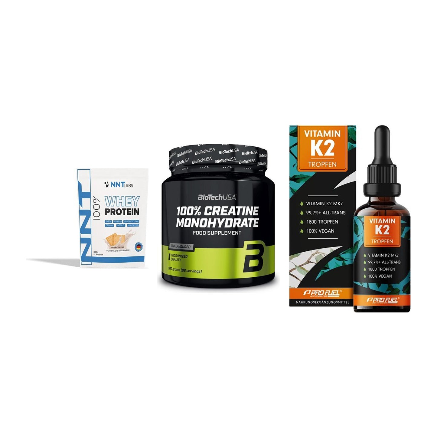 Einsteiger-Set: NNT Whey + BioTech Creatine + ProFuel Vitamin – alle enthaltenen Artikel