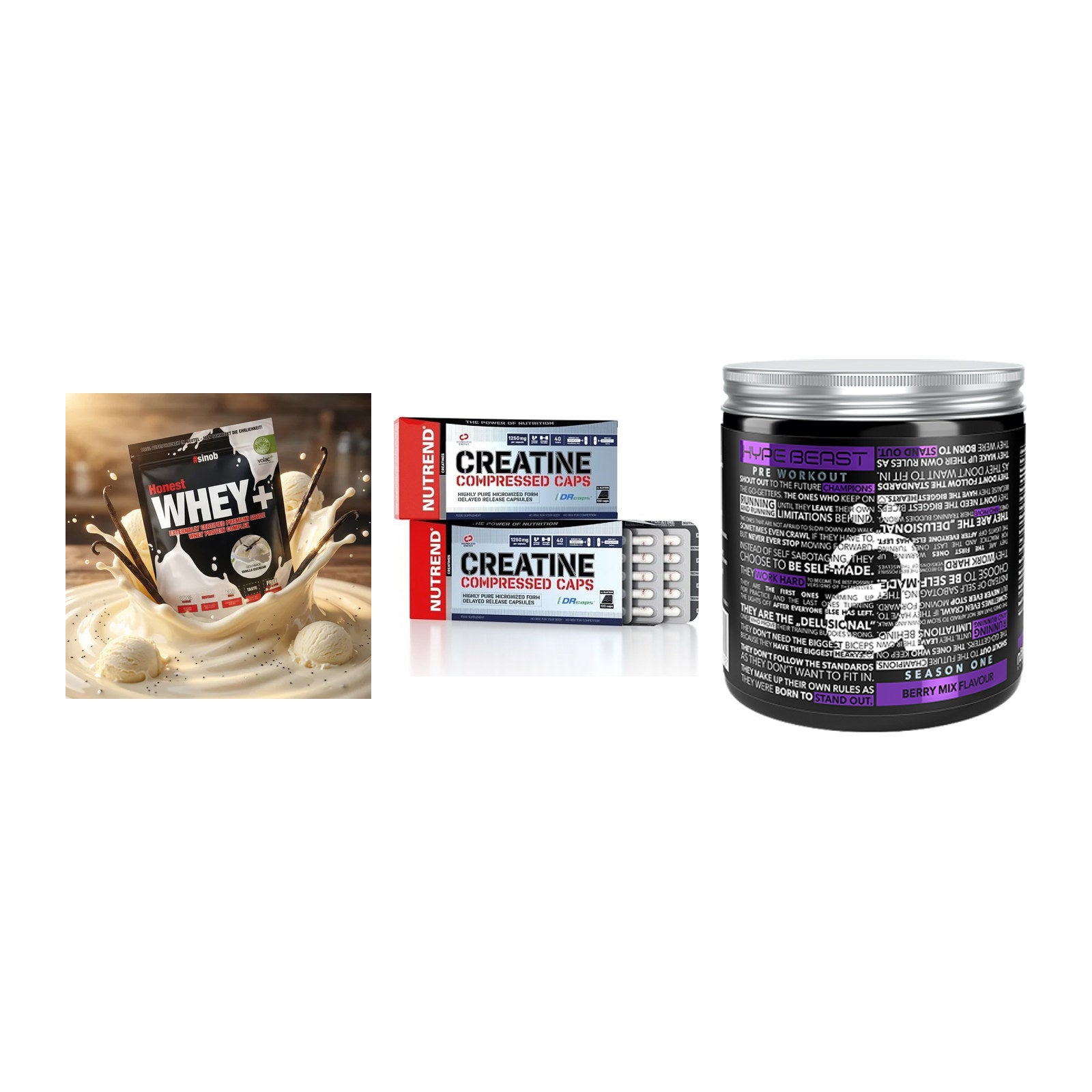 Einsteiger-Set: Sinob Honest + Nutrend Creatine + Nanosupps Hype – alle enthaltenen Artikel