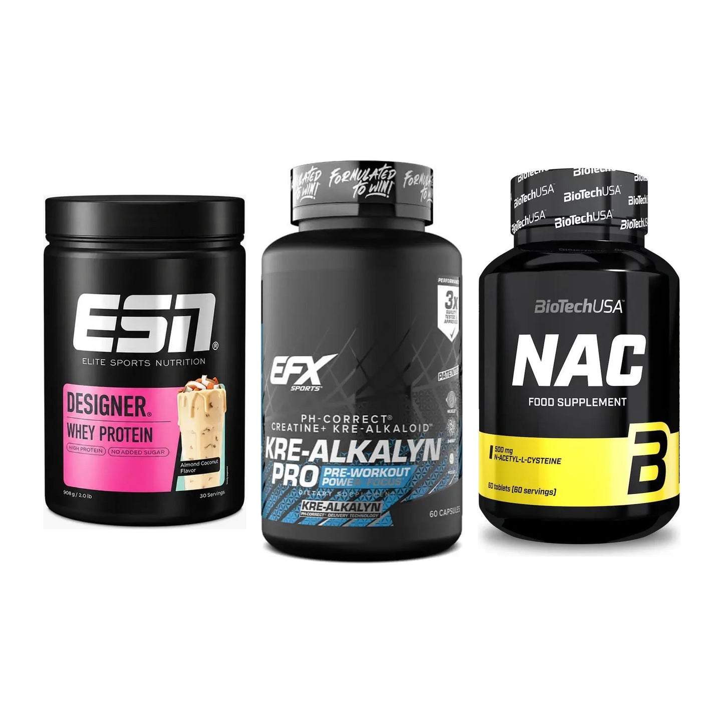 Einsteiger-Set: ESN Designer Whey + EFX Kre-Alkalyn PRO + BioTech NAC – alle enthaltenen Artikel