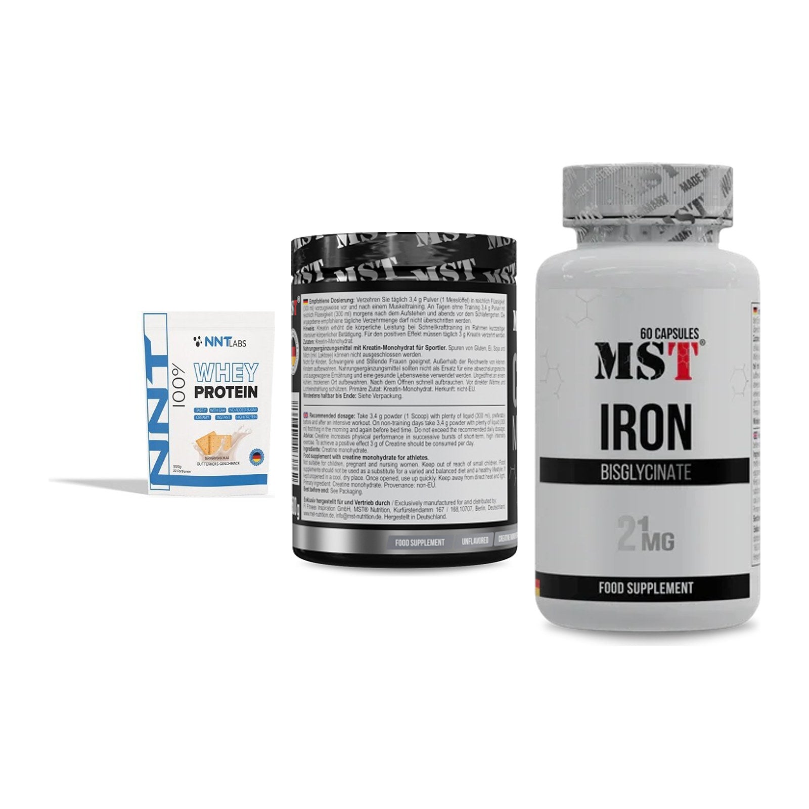 Einsteiger-Set: NNT Whey + MST Creatin + MST Iron Bisglyc – alle enthaltenen Artikel