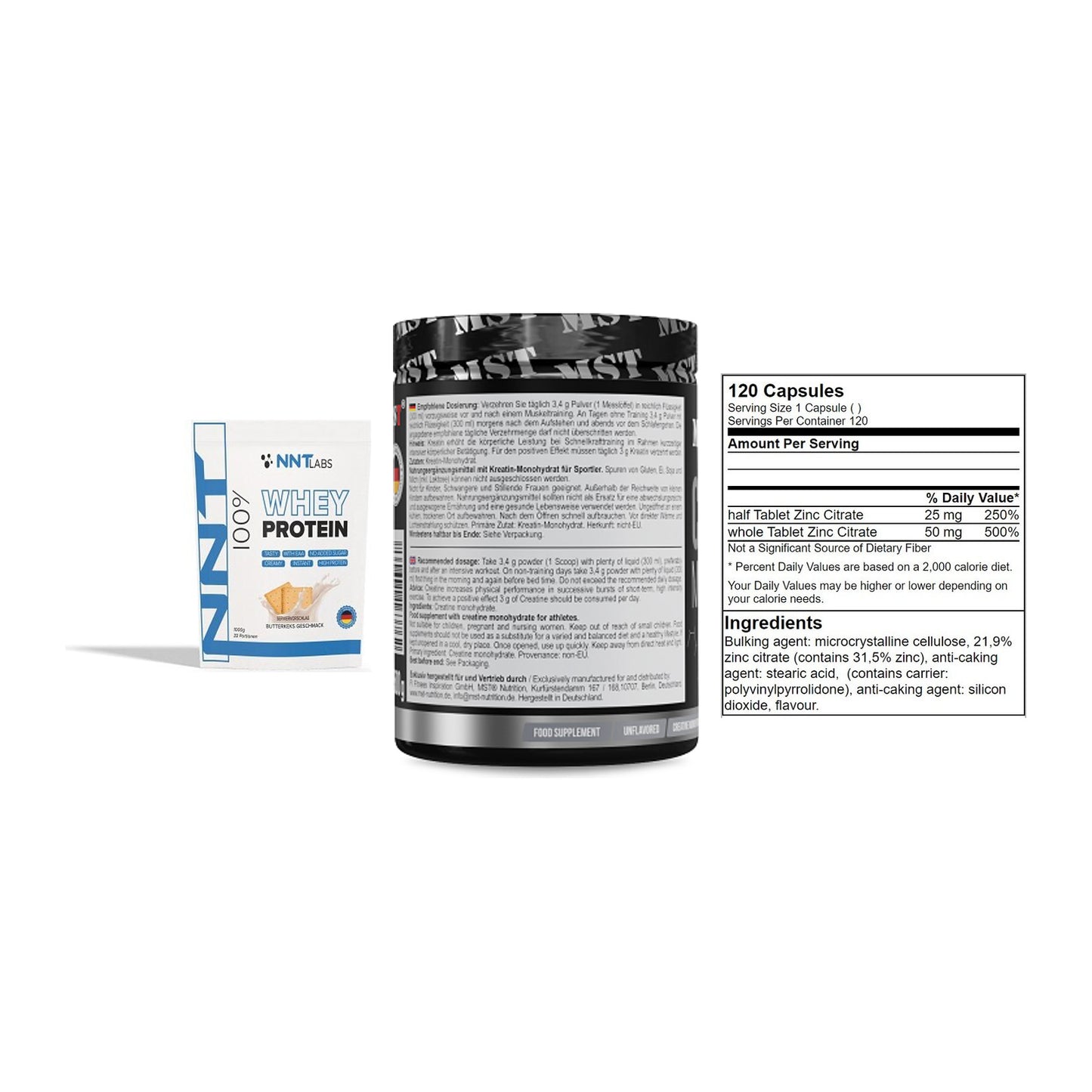 Einsteiger-Set: NNT Whey + MST Creatin + GN Zinc Citrate – alle enthaltenen Artikel