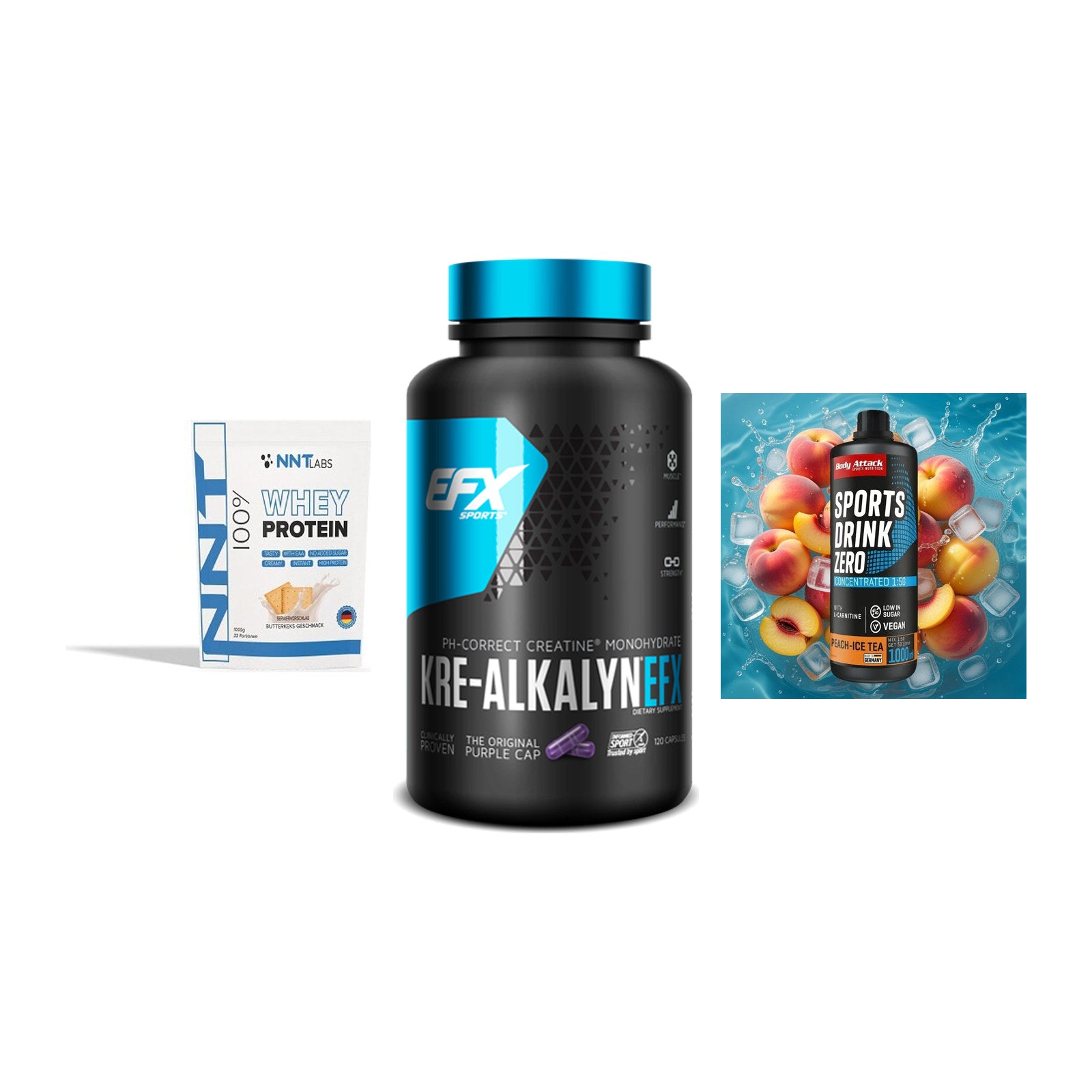 Einsteiger-Set: NNT Whey + EFX Kre-Alkalyn + Body Attack – alle enthaltenen Artikel