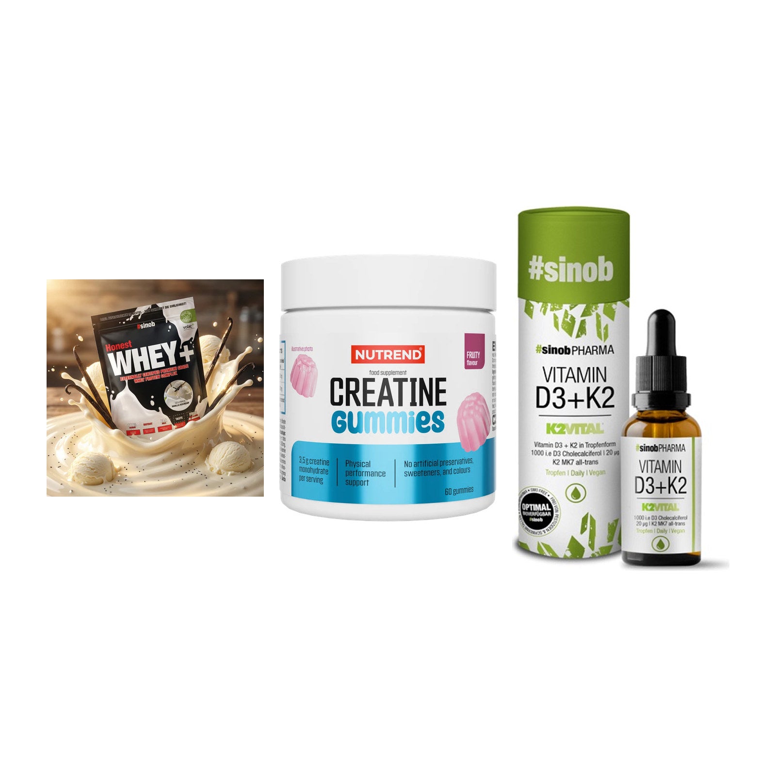 Einsteiger-Set: Sinob Honest + Nutrend Creatine + Sinob Vitamin D3 – alle enthaltenen Artikel