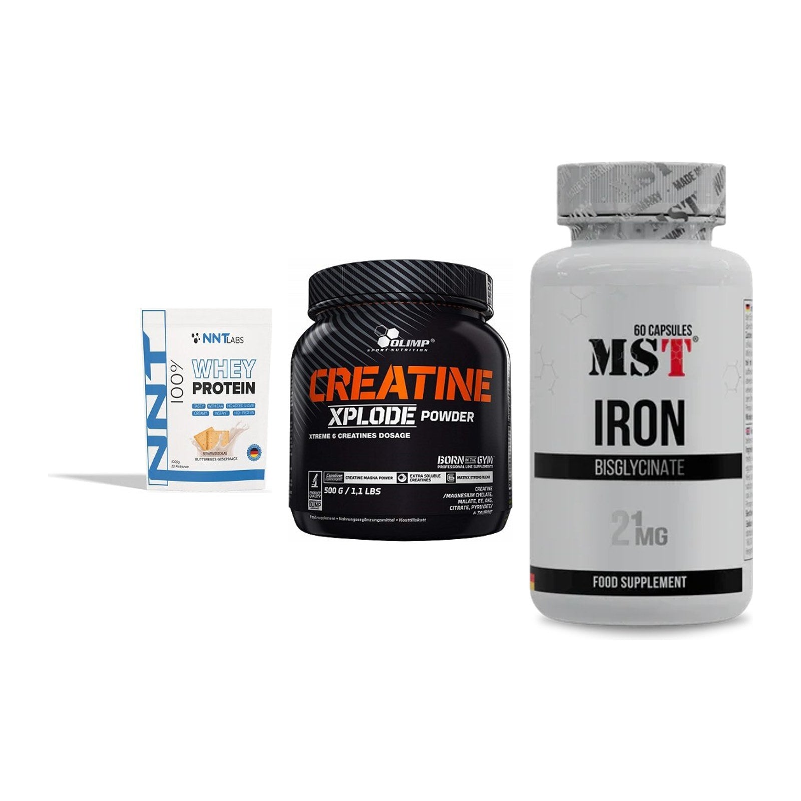 Einsteiger-Set: NNT Whey + Olimp Creatine + MST Iron Bisglyc – alle enthaltenen Artikel