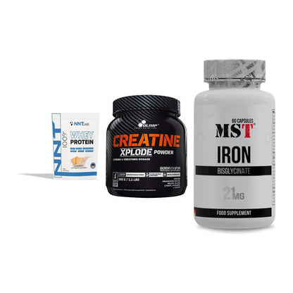 Einsteiger-Set: NNT Whey + Olimp Creatine + MST Iron Bisglyc – alle enthaltenen Artikel