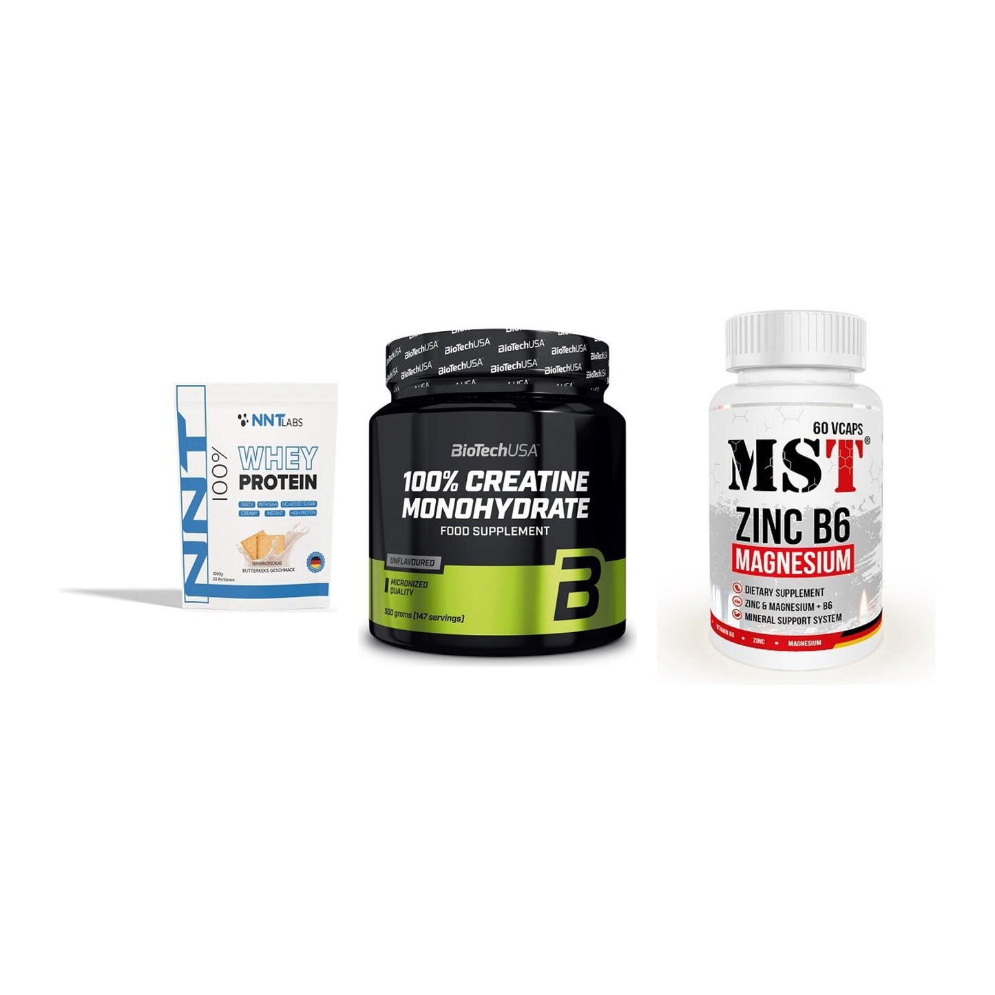 Einsteiger-Set: NNT Whey + BioTech Creatine + MST Zinc – alle enthaltenen Artikel