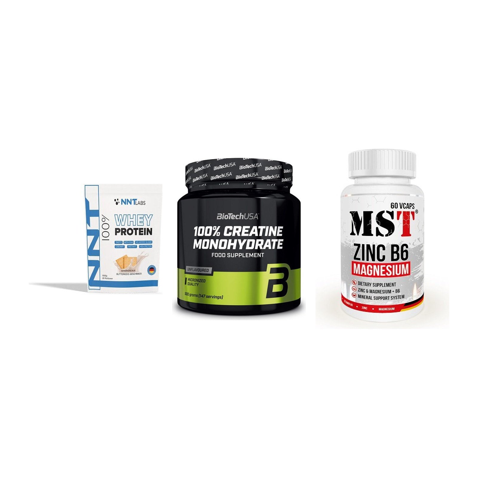 Einsteiger-Set: NNT Whey + BioTech Creatine + MST Zinc – alle enthaltenen Artikel