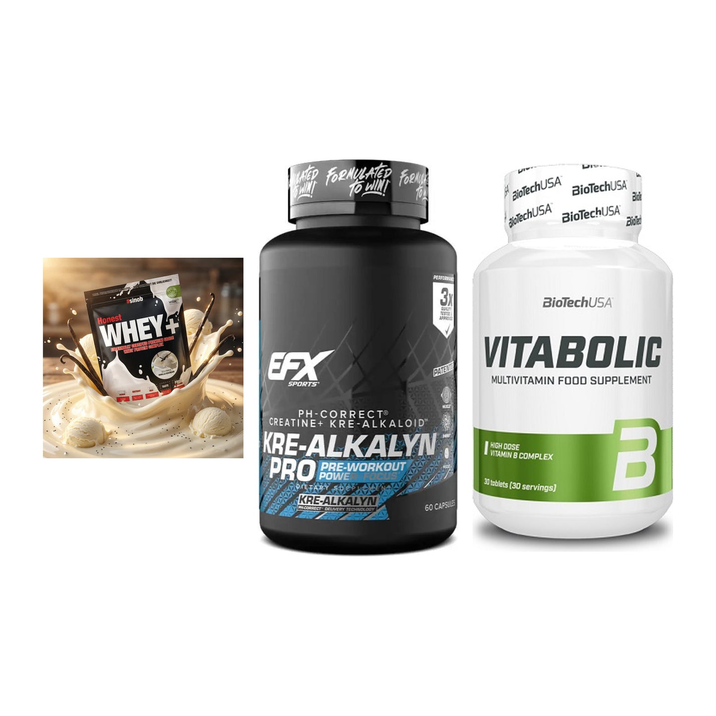Einsteiger-Set: Sinob Honest + EFX Kre-Alkalyn + BioTech Vitaboli – alle enthaltenen Artikel