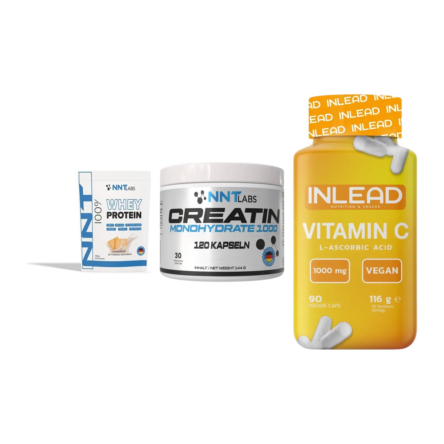 Einsteiger-Set: NNT Whey + NNT Creatin 1000 mg + INLEAD Vitamin C – alle enthaltenen Artikel