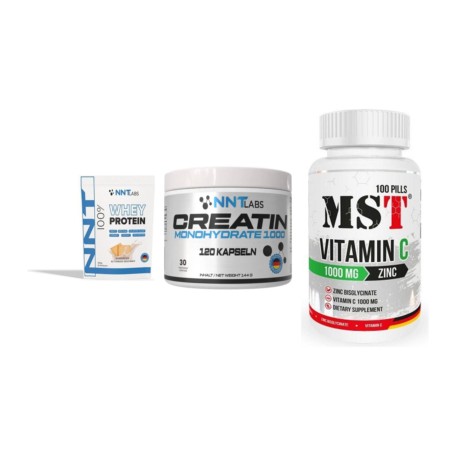 Einsteiger-Set: NNT Whey + NNT Creatin 1000 + MST Vitamin C – alle enthaltenen Artikel