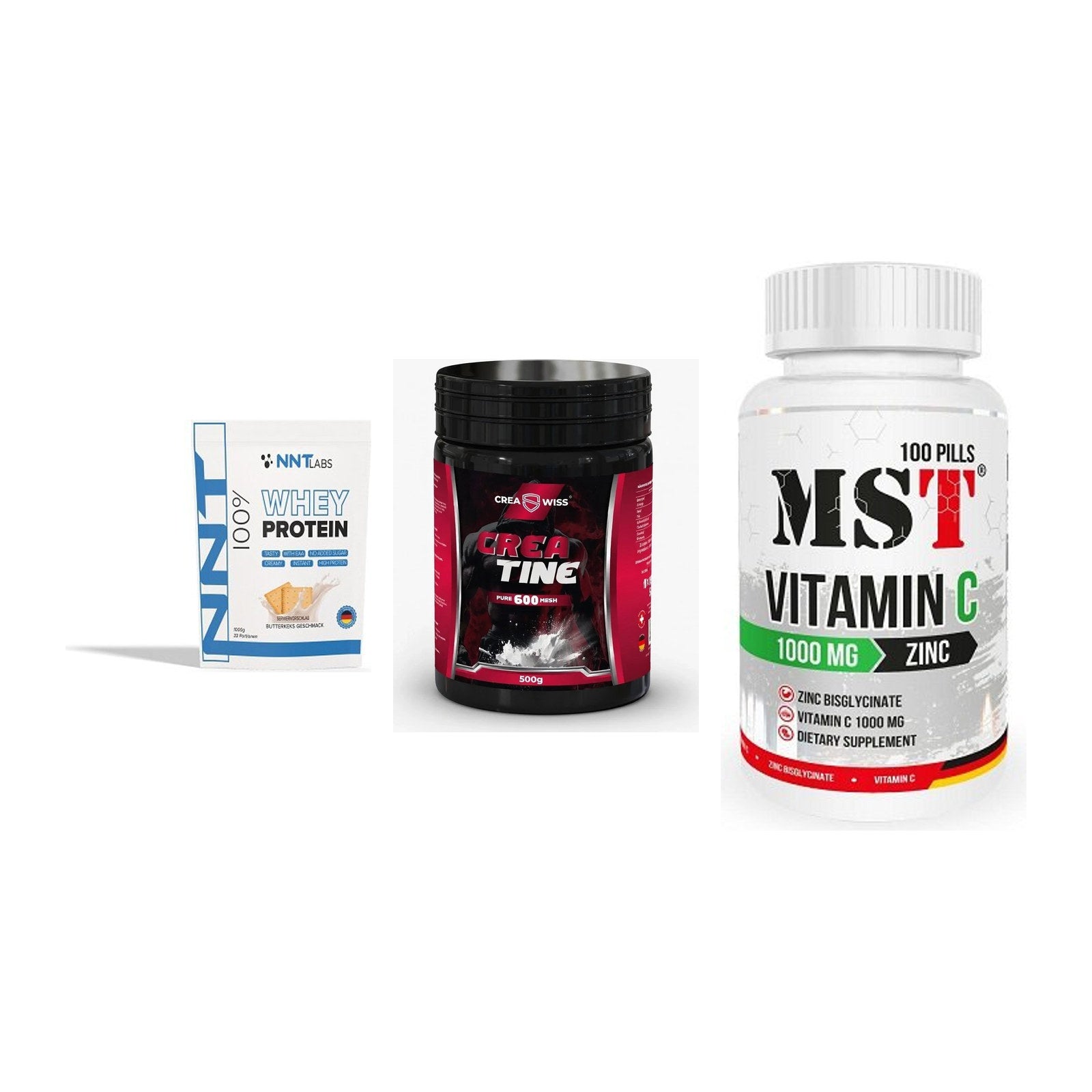 Einsteiger-Set: NNT Whey + CREASWISS + MST Vitamin C – alle enthaltenen Artikel