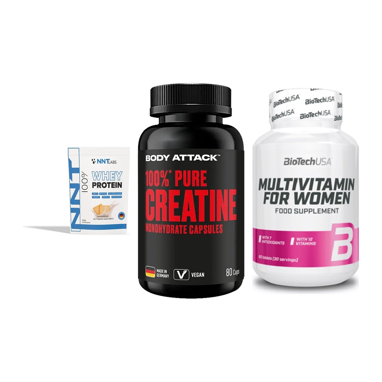 Einsteiger-Set: NNT Whey + Body Attack 100% + BioTech Multivit – alle enthaltenen Artikel