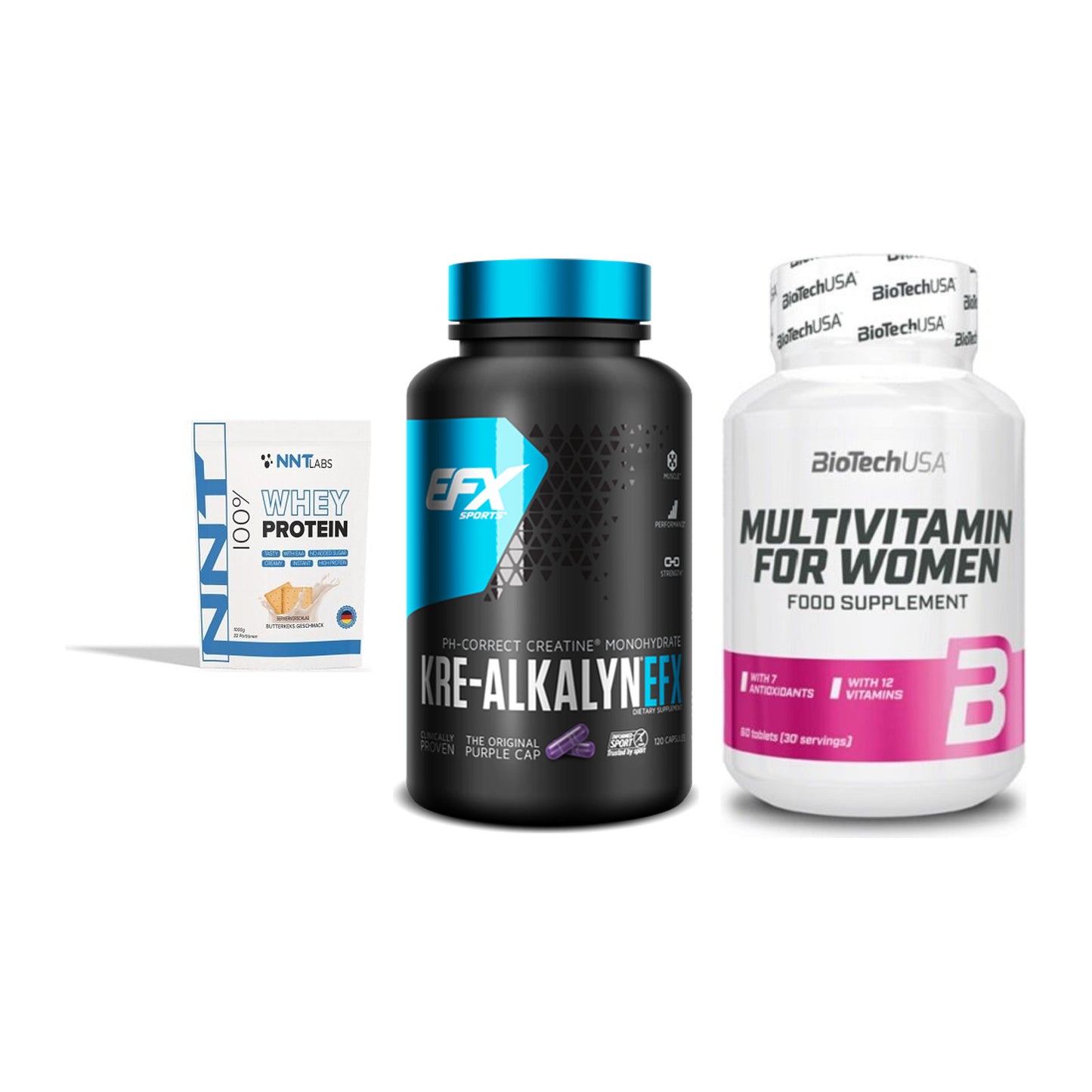 Einsteiger-Set: NNT Whey + EFX Kre-Alkalyn + BioTech Multivit – alle enthaltenen Artikel
