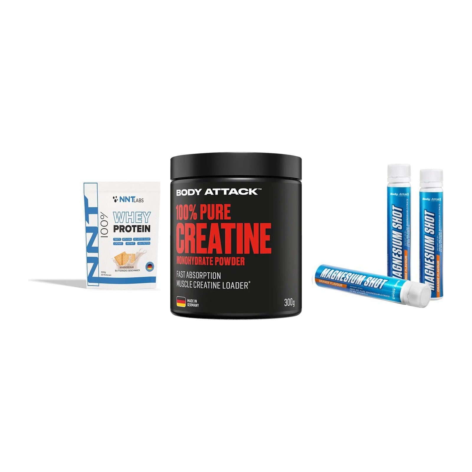 Einsteiger-Set: NNT Whey + Body Attack 100% + Body Attack – alle enthaltenen Artikel