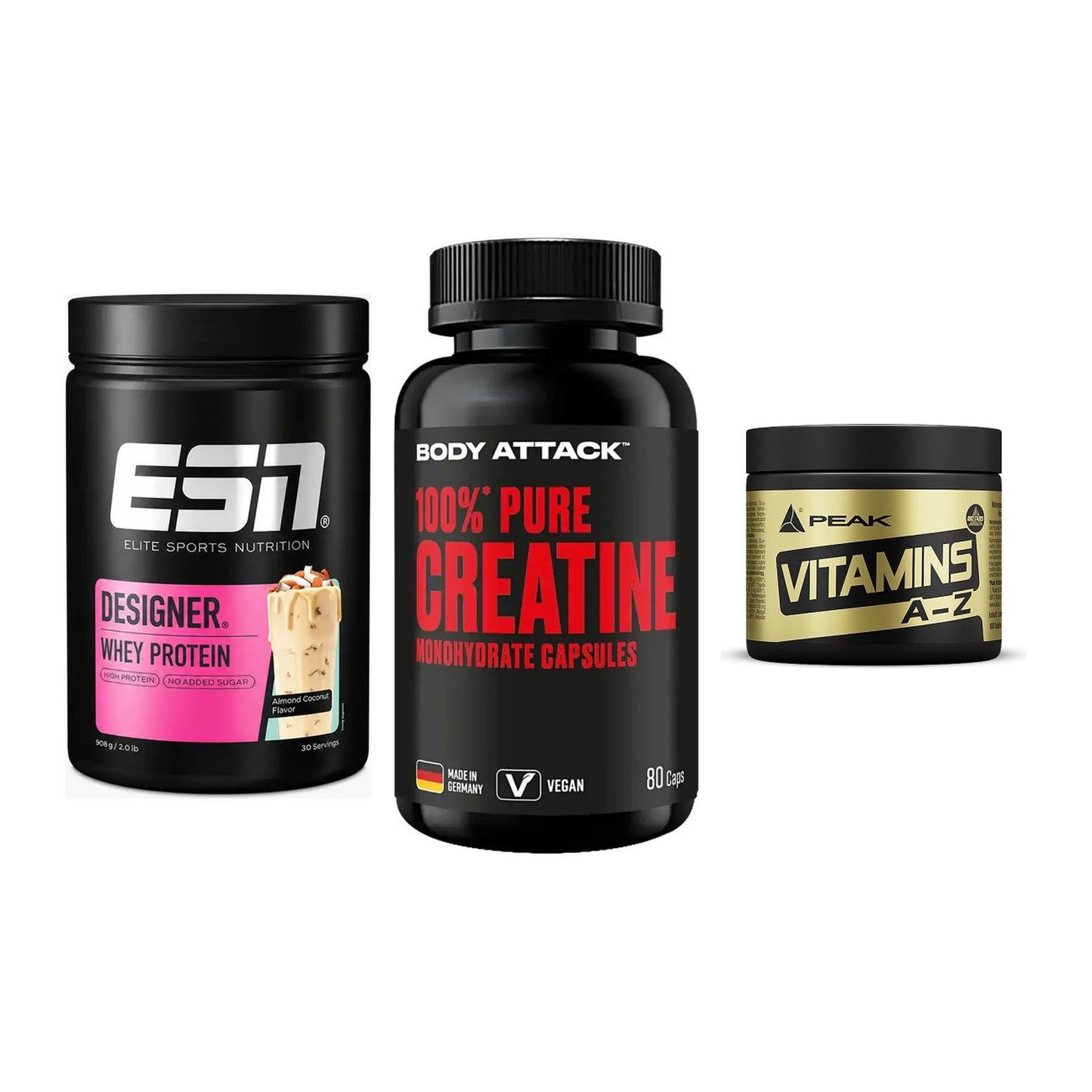Einsteiger-Set: ESN Designer + Body Attack 100% + Peak Vitamin A-Z – alle enthaltenen Artikel